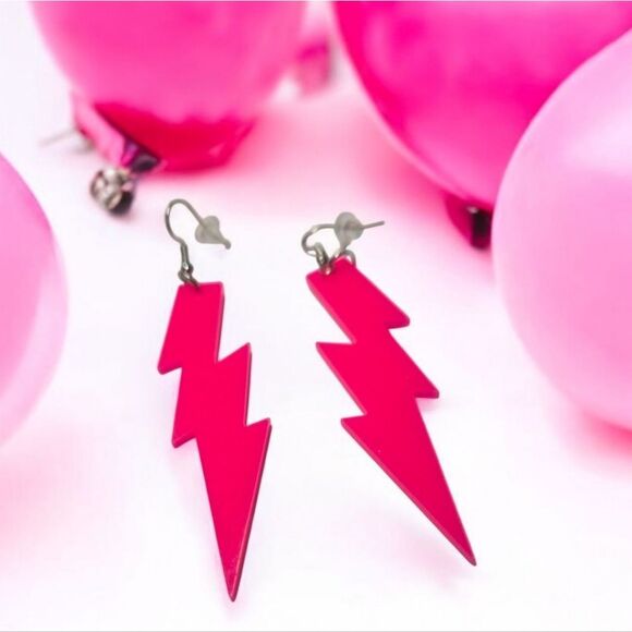 Neon Pink Lightning Bolt Earrings Blacklight Glow Party Glowwave 80s Retro Dark - Picture 6 of 7